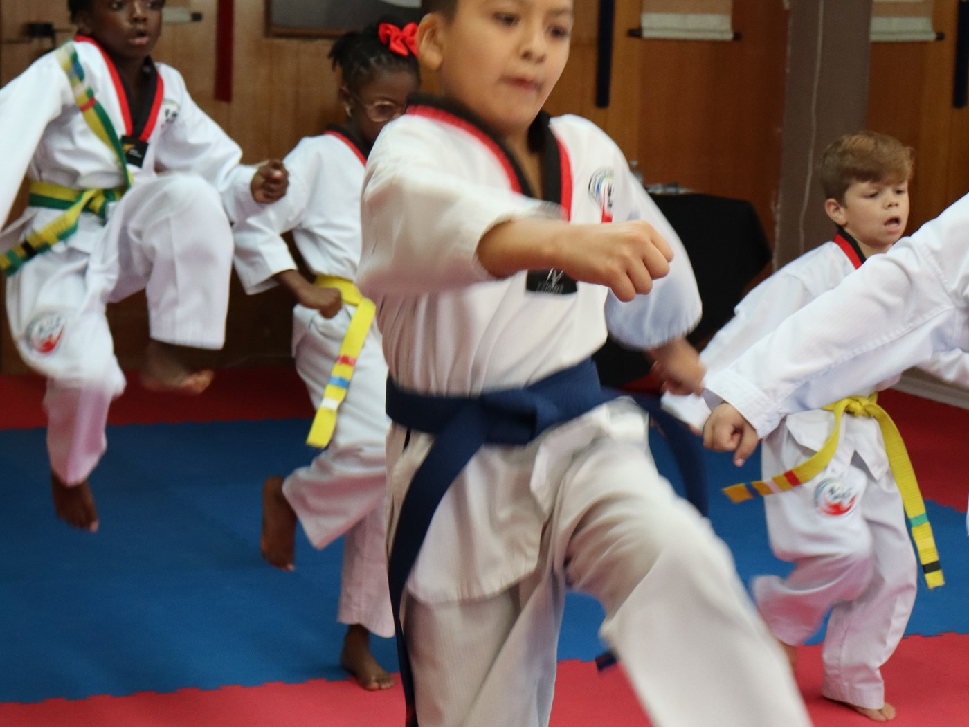 Bulsajo Taekwondo students training a kick in class