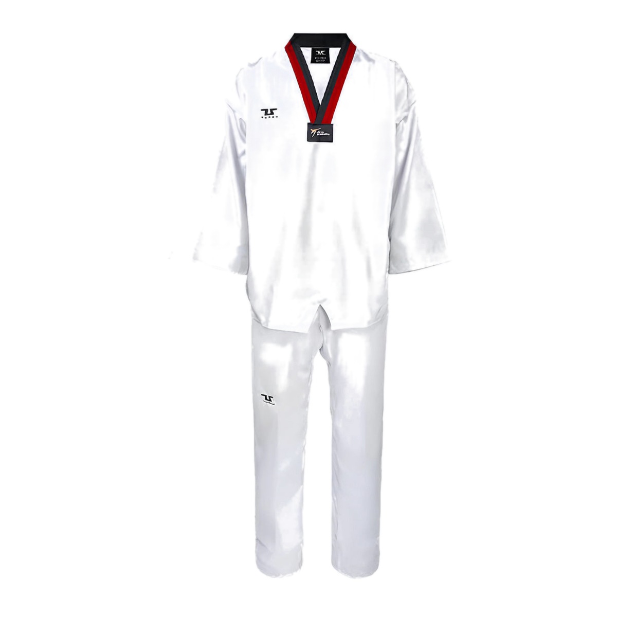White poom-style Taekwondo dobok with a black-and-red V-neck collar