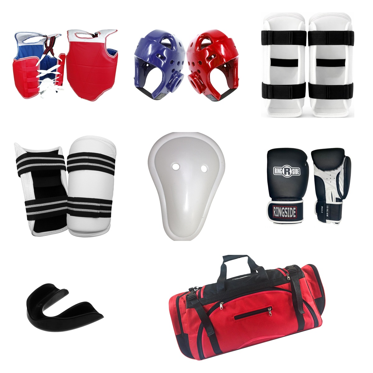 Complete Taekwondo sparring set with a gear bag, chest protector, helmet, mouthpiece, arm guards, shin and foot guards, groin cup, and gloves